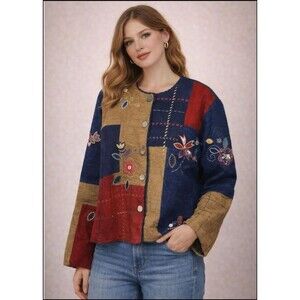 Vintage Koret City Blues Patchwork Embroidered Jacket Country Cardigan XL